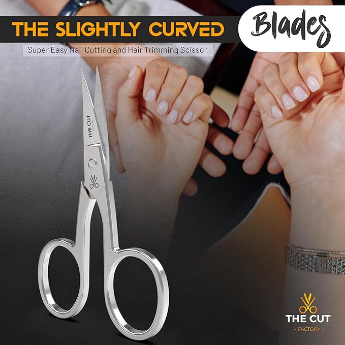 The Cut Factory- Premium Manicure Scissors Multi purpose Stainless Steel Cuticle Pedicure Beauty Grooming Kit for Nail, Eyebrow, Eyelash, Curved Blade High Carbon Steel Anti- Rust Leather Pouch