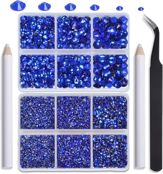 NCB Hotfix Iron on 8000pcs Crystal Rhinestones Round Gem for Crafts Decoration DIY Jewelry Making with a Tweezers and 2 Picking pens (Sapphire, 6Sizes SS4-SS30)