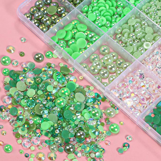 22000 Pcs Green Flatback Pearls and Rhinestones Bedazzling Kit, Resin Rhinestones Gems for Crafting, Mixed Size Half Pearls Gems for Nails Face Eyes Makeup Bottles Shoes DIY Crafts