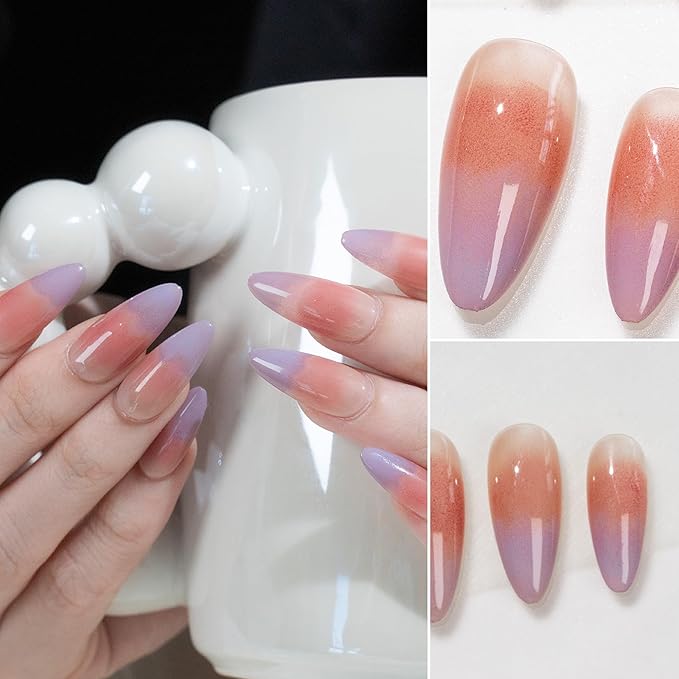 Sun&Beam Nails Handmade Press-on Medium Long Almond Pink Purple Magnet Minimalist Sweet Design Fashion False Nail Tips 10 Pcs Set (#262 M)