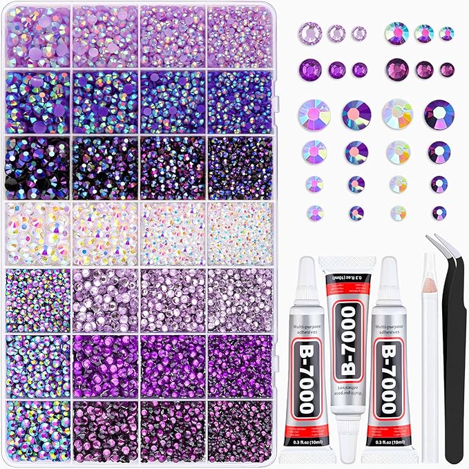 20000Pcs Purple Rhinestones for Bedazzling with 3Pcs B7000 Jewelry Glue, Resin Rhinestones for Crafting Crafts，Bedazzler Kit Flatback Gems for Clothing Shoes Tumblers Nail Art