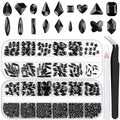 18 Styles Multi-Shaped Glass Gemstones for Nails and 6 Sizes Round Crystal Rhinestones Kit #4, Black Nail Art Charm Bead Manicure Decoration with Pickup Pencil and Tweezer