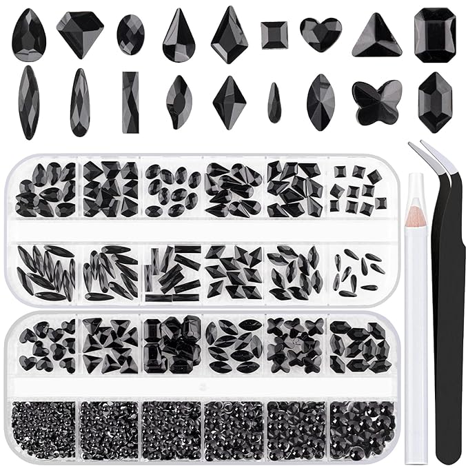 18 Styles Multi-Shaped Glass Gemstones for Nails and 6 Sizes Round Crystal Rhinestones Kit #4, Black Nail Art Charm Bead Manicure Decoration with Pickup Pencil and Tweezer