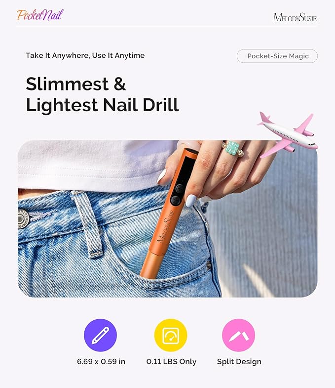 MelodySusie PocketNail Pen-Shaped Cordless Modular Nail Drill, Extended Kit, PC100GR 20000RPM Slim Portable Rechargeable Electric File for Nail Care & Gel Removal at Home for Beginners, Party Peach