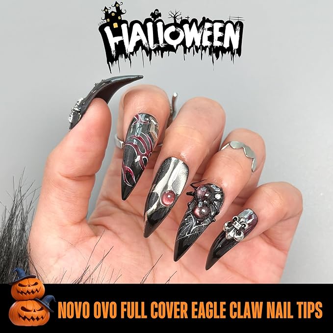 NOVO OVO Halloween Black Nail Tips Curved Stiletto, Full Cover Gel x Extension kit for 3D Eagle Claw nails, Extra Thick Hawk Deep Curve Almond French Tips Soft False Fake Acrylic Nail 12 Size 120pc