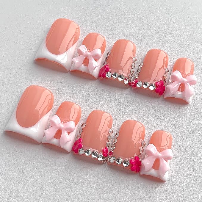 French Tip Press on Nails Handmade Short Duck 3D Floral Thick Acrylic Nails White False Nails with Bow Flower Rhinestones Designs Cute Glossy Fake Nail Sturdy Art Press on Nail 10Pcs(S)