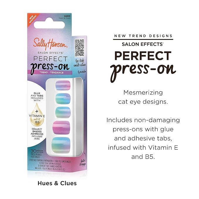 Sally Hansen Salon Effects Perfect Press-On Nails | Square Shape | Easy to Apply, Non-Damaging | 30 Nails, Nail Glue, Adhesive Tabs, File | Hues & Clues