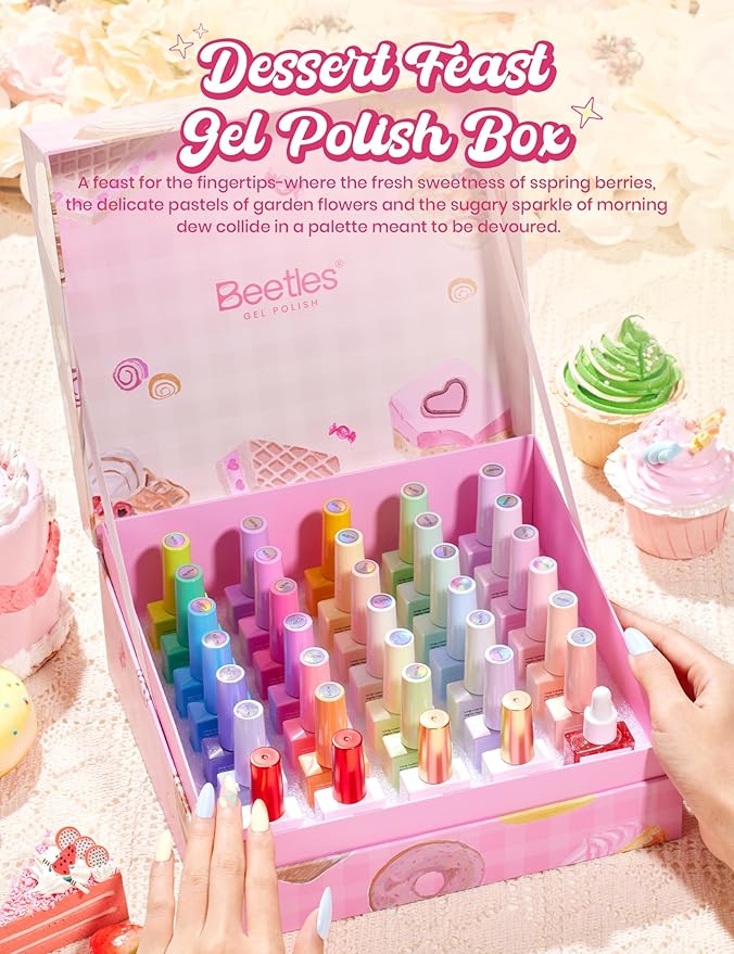 Beetles Spring Gel Polish Set - Dessert Feast 30 Colors Hema-Free Glitter Jelly Nude Pink White Yellow Green Pastel Colors Polish with Base Top Coat Swatch Card Uv LED Lamp Gel Gifts for Women