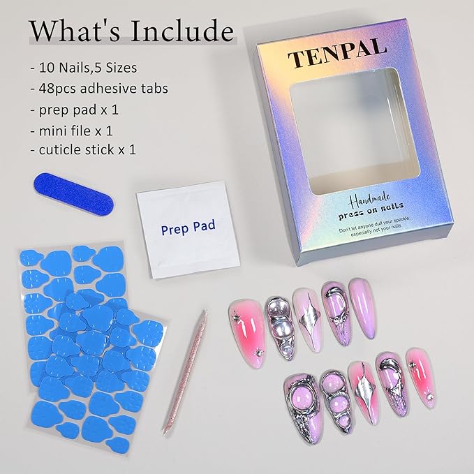 Metallic Press on Nails Long Stiletto,Sweet Cool Soft Gel With Aurora Designs,10Pcs/Box Acrylic Handmade Pink Purple y2k False Nails Press Ons For Women Gift(XS)