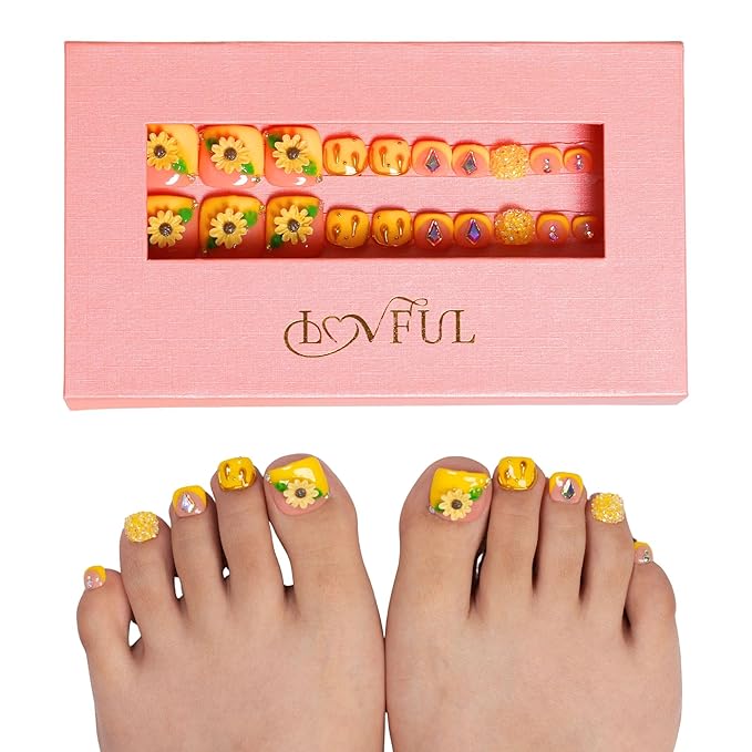 LOVFUL Press on Toenails Honey Bee Yellow | 20 PCS Free Size Toe Nails | Reusable Fake Nails for Toe | T101