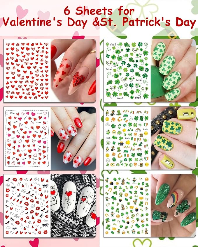 30 Sheets 7 Holiday Nail Art Stickers, Mixed Season Nail Decals Set for All Year, 3D Self-Adhesive Pegatinas Uñas Easter 4th of July Halloween Thanksgiving Christmas Valentine's St. Patrick's Day