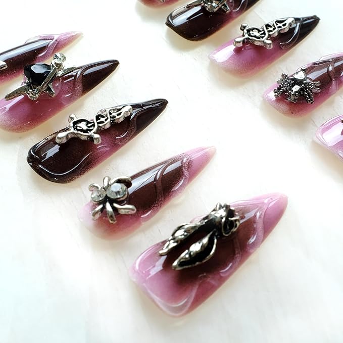 Gothic Press-On Nails, Pink to Black Ombre, Stiletto Shape with 3D Halloween Charms, Handmade False Nail 10 Pieces (Medium, LS)