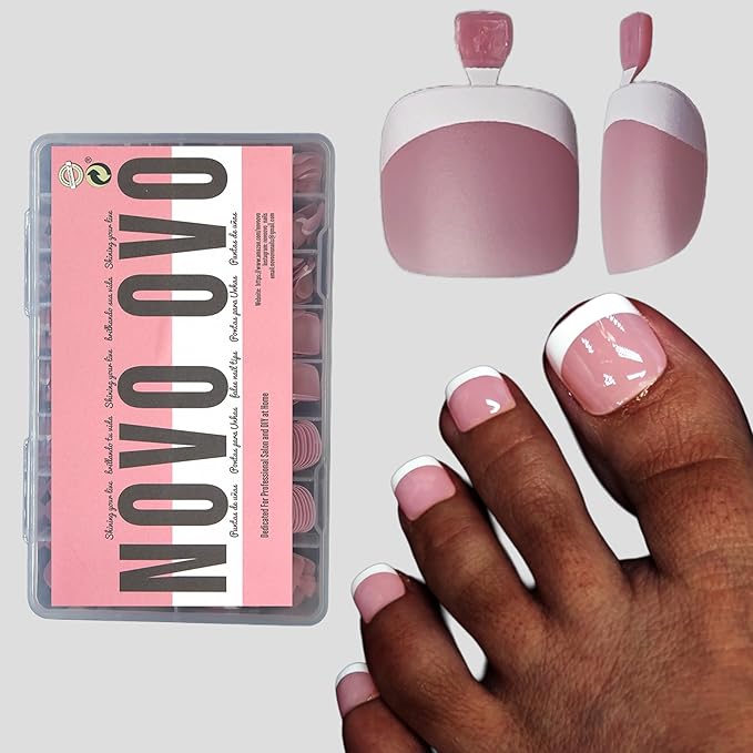 NOVO OVO Fake Toe Nail Tips Press on, French Tip Soft Gel Toenail Extension, BERRY PINK Square Round Pre-applied Tip Primer & Base Coat, Full Cover Matte False Nails for DIY x 15 Sizes 360Pcs
