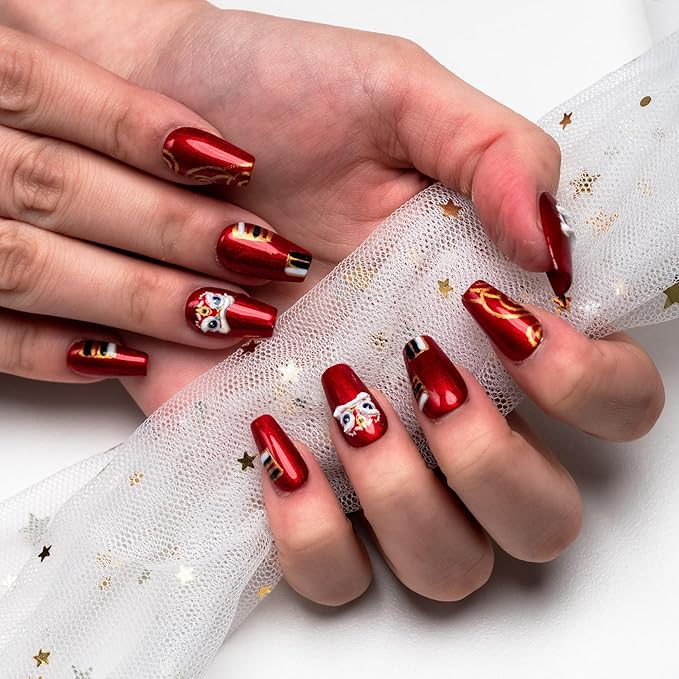 Sun&Beam Nails Handmade Press-on Short Coffin Ballerina Red Hand-Painted Cartoon New Year Design Fashion False Nail Tips 10 Pcs Set (#016 M)