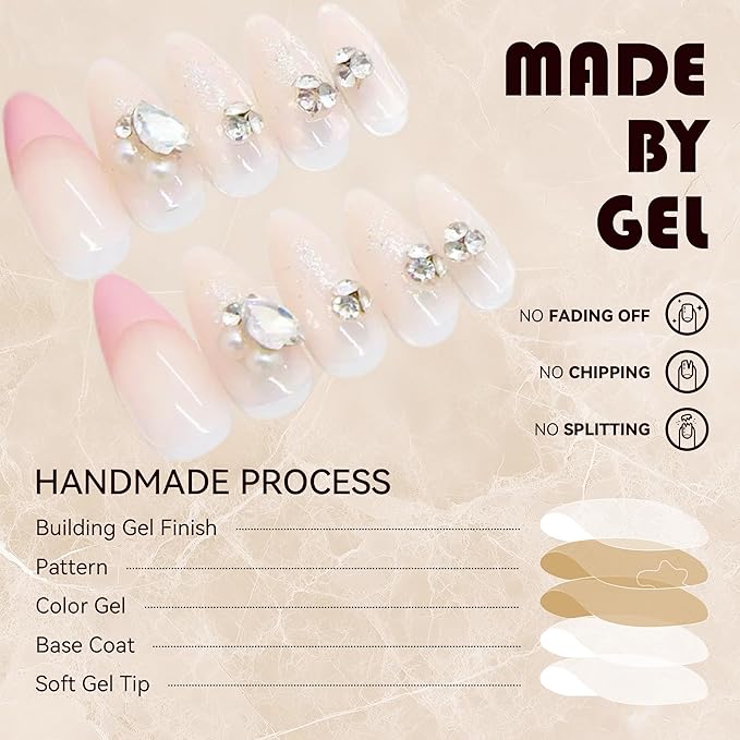Press-On Nails for Women, 24 Pieces Fake Nails, Almond Shape with Jelly Glue,Pink French Style with Crystal Rhinestones and Glitter,Perfect for Gift or Parties