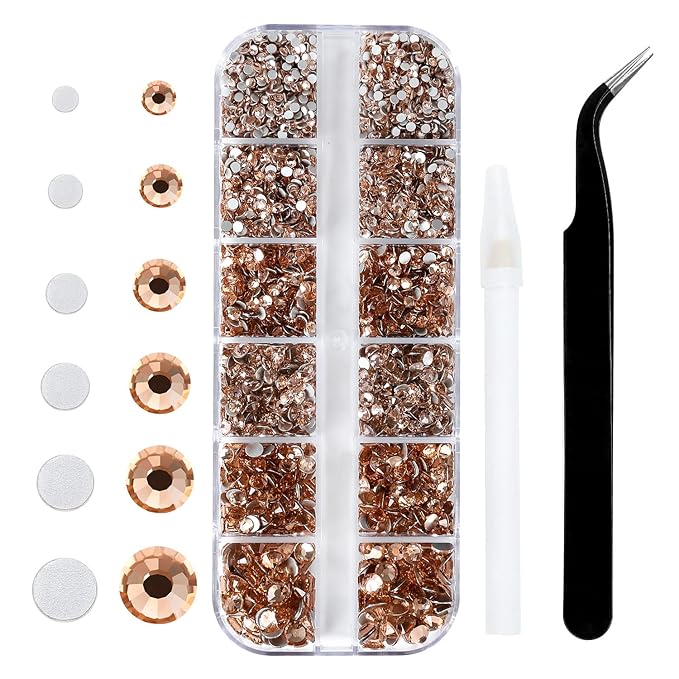 4240Pcs Champagne Flatback Rhinestones 6 Sizes Crystal Diamonds for Nail Art Crafts Clothes Shoes with Tweezers and Picking Pen