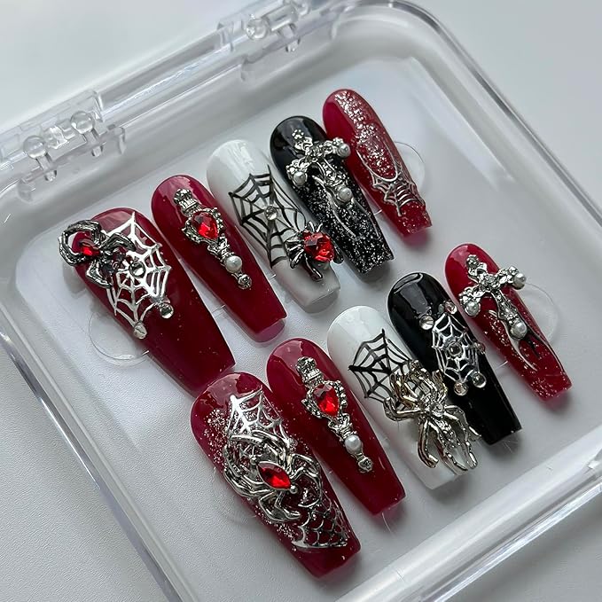 Luxury Halloween Press on Nails Medium Coffin Handmade 3D Unique Reusable ABS Material Fake Nails Gothic False Nails with Designs Spider Charms Spider Web Glossy Glue on Nail Thick Acrylic Nail(S)