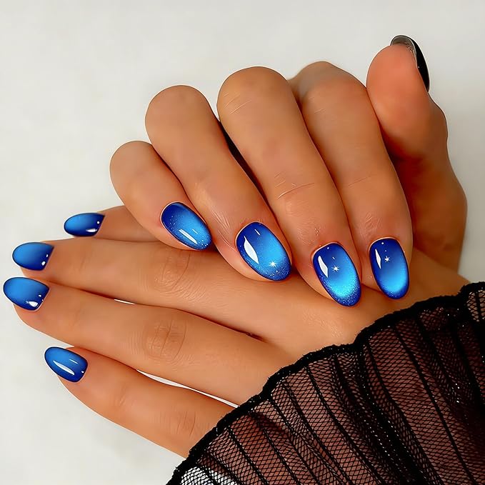 Cat Eye Press on Nails Short, Chrome Press on Nails Oval, Thick Glazed Virant Royal Blue Fake Nails Press ons for Women, Reusable Magnet Bling Glitter Glue On Nails Almond in 15 Sizes, 30 Pcs