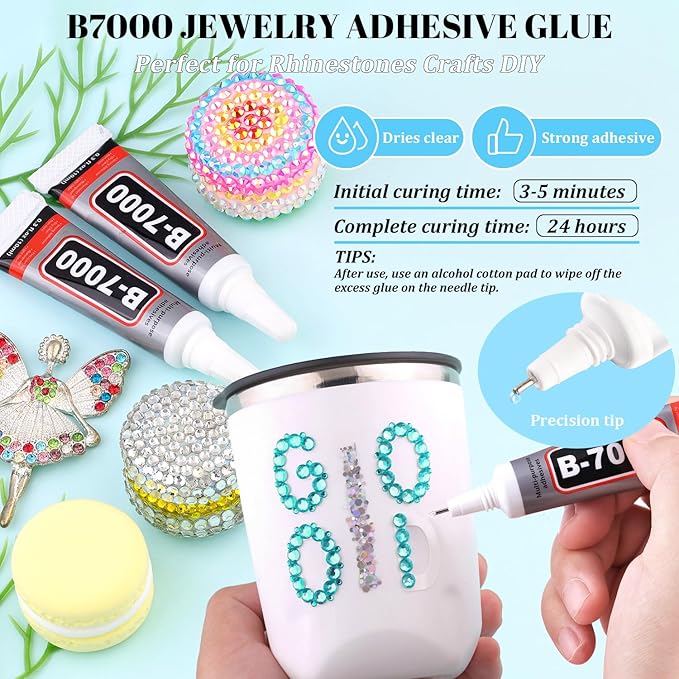 12000Pcs Resin Rhinestones for Bedazzling with 3Pcs B7000 Jewelry Glue, 2 Boxes Aquamarine Flatback Rhinestones for Crafting Crafts DIY, Crystals Gems for Clothing Shoes Tumblers Nail Art Makeup