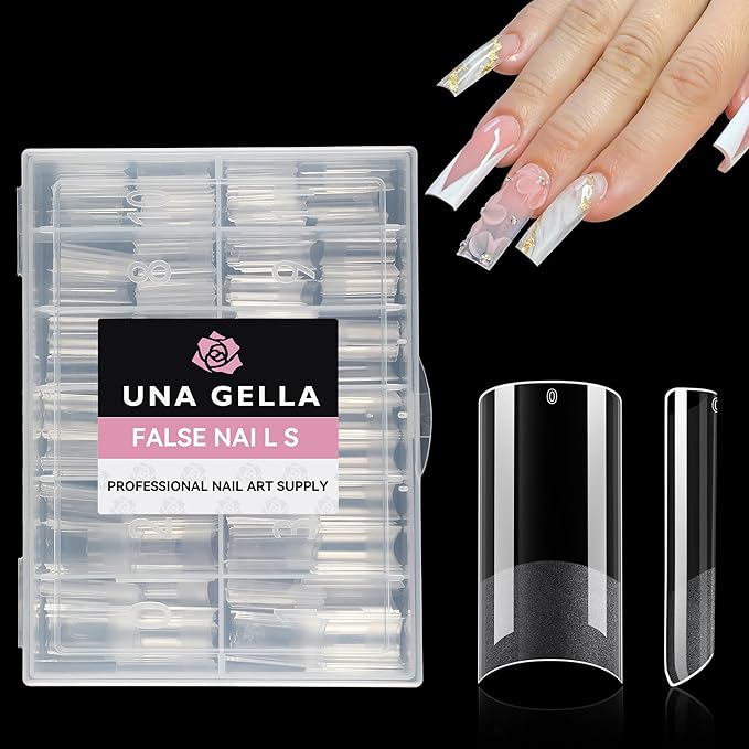 UNA GELLA No C Curve Medium Square Nail Tips 216 Pcs Pre-file Half Cover Straight Square Gel Nail Tips Clear Fake Nails Tips Half Matte Long Lasting For Nail Extension Home DIY Salon 12 Sizes