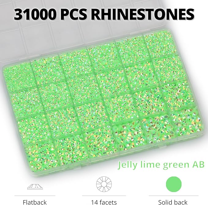 33000Pcs Lime Green Rhinestones for Bedazzling, Bedazzler Kit with Flatback Craft Rhinestones Bulk and B7000 Glue, 2,3,4,5,6mm Resin Flat Back Crystals for Craftings, Crafts, Clothes, Shoes, Nails