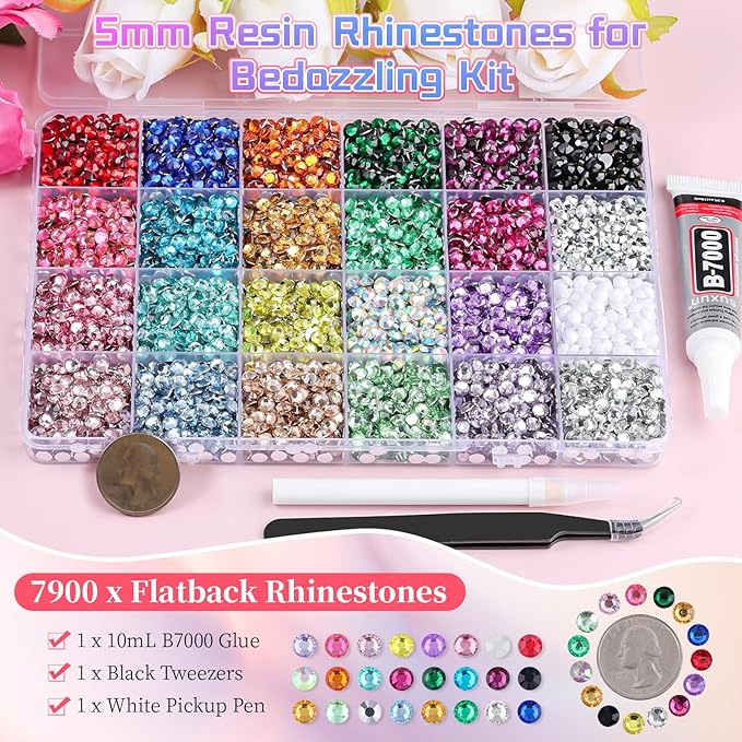 7900Pcs 5mm Resin Rhinestones for Bedazzling, Pink Red Black Flatback Gems for Crafting, Bedazzler Kit with Rhinestones Tools & B7000 Jewelry Glue for DIY Clothing Shoes Tumblers Fabric Mugs Bags