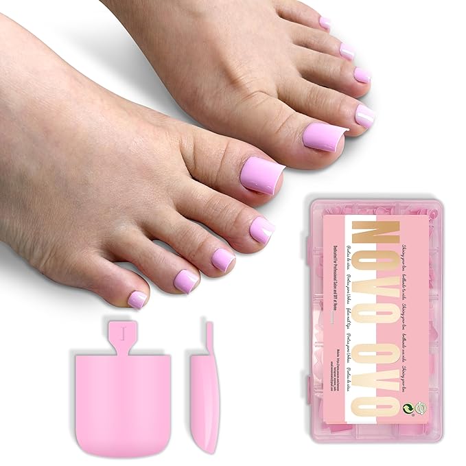 NOVO OVO Pink Square Toe Nail Tips - 240Pcs Soft Gel Press on Toenails, Solid Natural Pink Full Cover Fake Nails for Pedicure, PMMA Acrylic False Toe Nails Extension Kit (15 Sizes, Wide Fit)