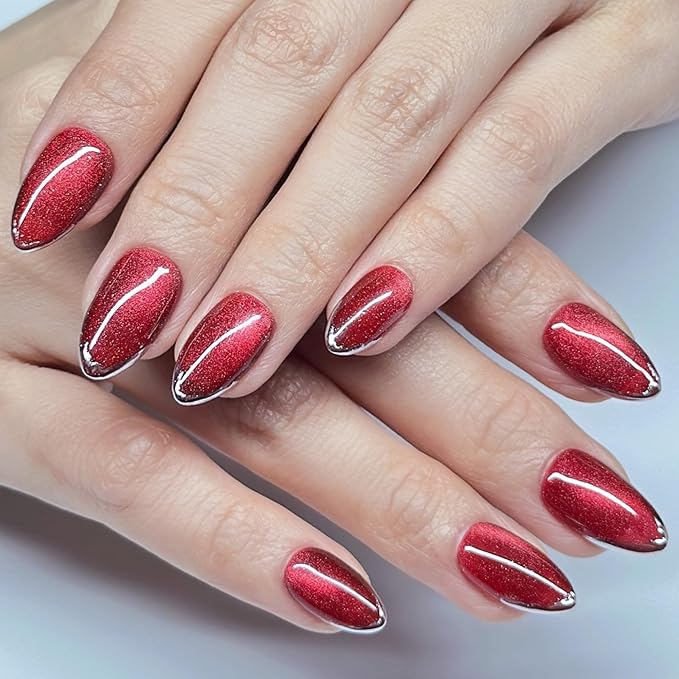 Press On Nails Short Almond Cat Eye Red with Silver Glitter French Tip | Reusable Soft Gel Nails in 12 Sizes-24 Nail Kit with Glue | Designed in L.A, Handmade in Vietnam | Ruby Grace