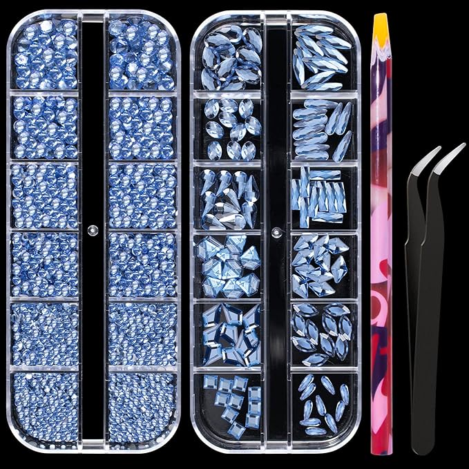 BELLEBOOST Multi Shapes Light Blue 3D Glass Crystal Nail Art Rhinestones Kit with Flatback Round Bead Charm Gem Jewelry Diamond with Nail Art Pens + Tweezer for Manicure Makeup DIY Craft Decoration