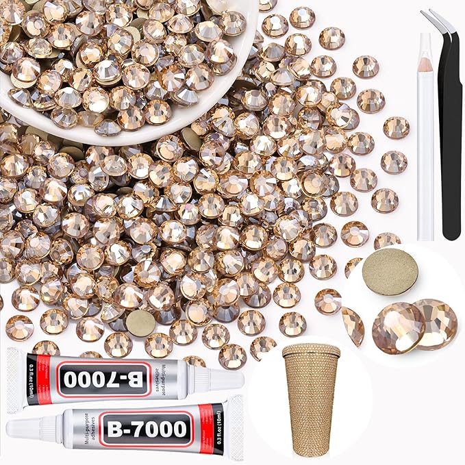 400PCS SS30/6mm Crystal Rhinestones (Golden Shadow/Champagne) with 2Pcs 10ml B7000 Jewelry Glue, Bedazzling Flatback Glass Rhinestones for Crafting, Gems Diomand for Tumbler Shoes Clothing Nail Art