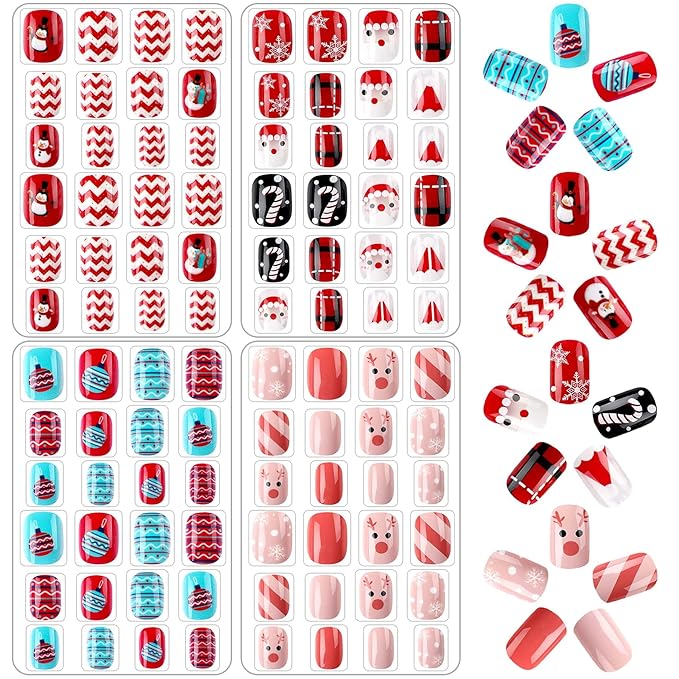 JANYUN Christmas Kids False Nails, 96 Pcs Stick On Nails Kids Full Cover Xmas Short False Nails Lovely Gift for Little Girls Nail Art Decoration (Christmas Theme)