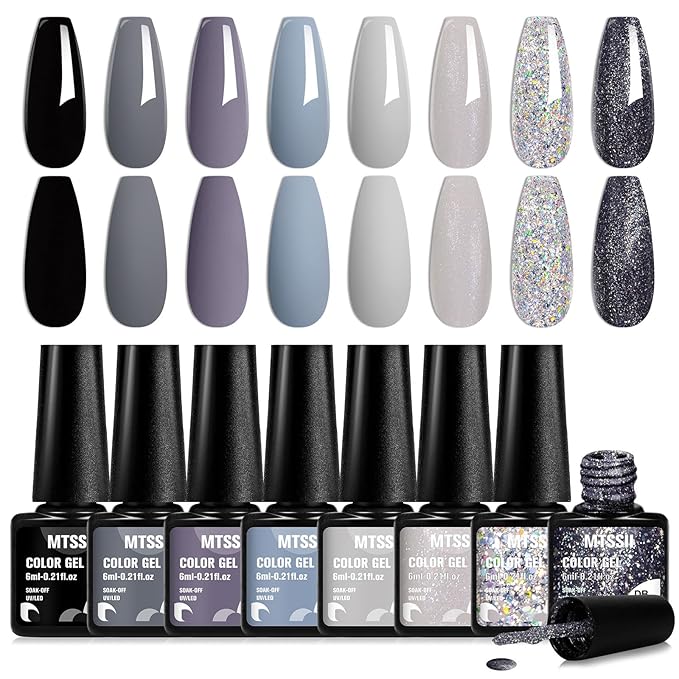 MTSSII Grey Gel Nail Polish Set 8 Colors, Gray Tone Dark Cloud Stone Seal Iron Fossil Shades Collection Black Glitter Sliver Nail Polish for Fall Winter Nail Art Kit Design Soak Off Manicure Gift