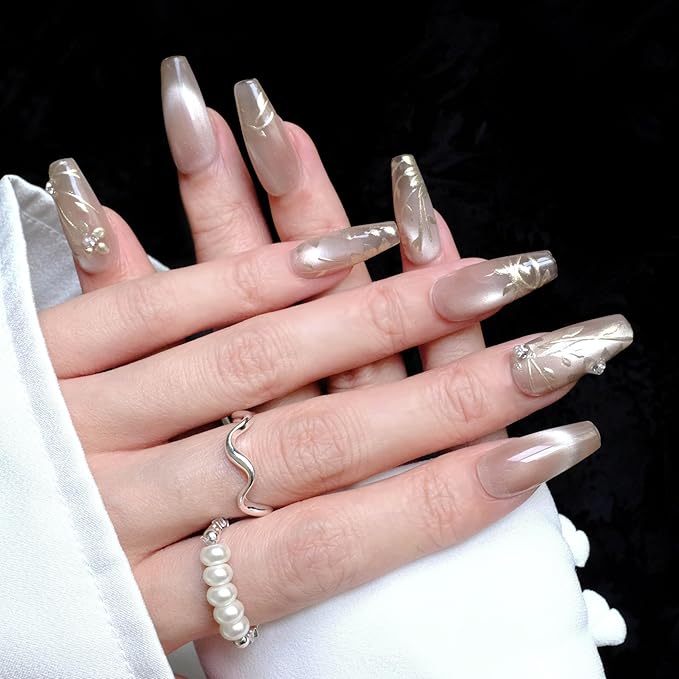 Nude Press-on Nails, Long Ballerina Shape, Gold Floral Design with Pearls, Handmade False Nail 10 Pieces (Small,LB)
