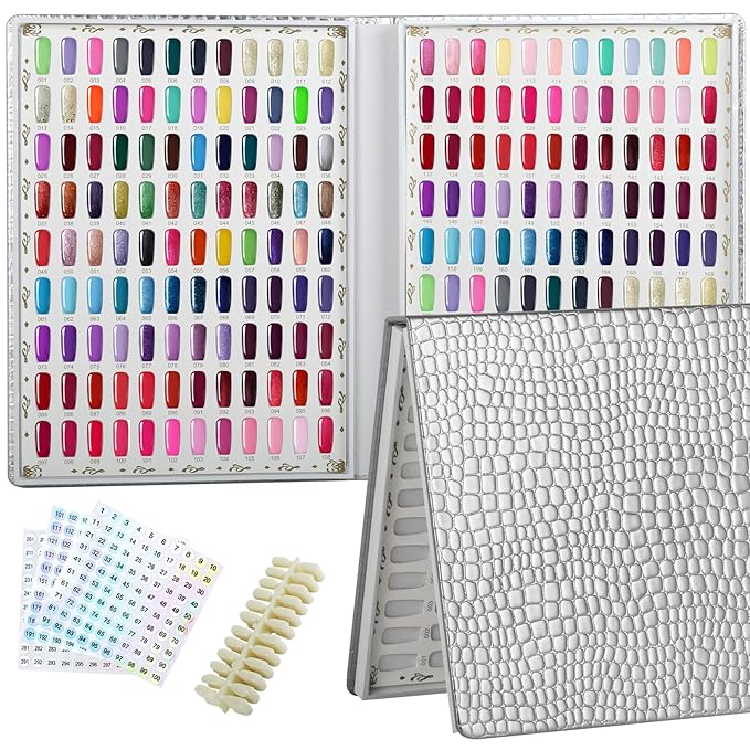 216 Colors Nail Swatches Book with 240 Nail Tips and Number Labels Leather Nail Gel Polish Display Book Nail Painting Practice Design Board No Need Pasting, No Need Glue