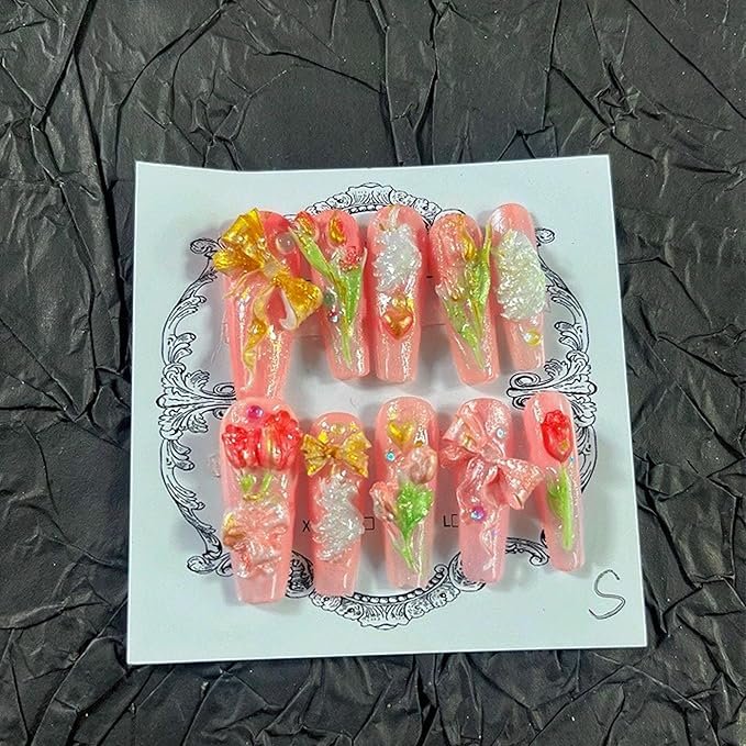 Press on Nails Handmade Nails 10Pcs Fresh Style Hand Embossed Pink Manual Press on Nails for Women Party Holiday Photo 33mm Long Size M