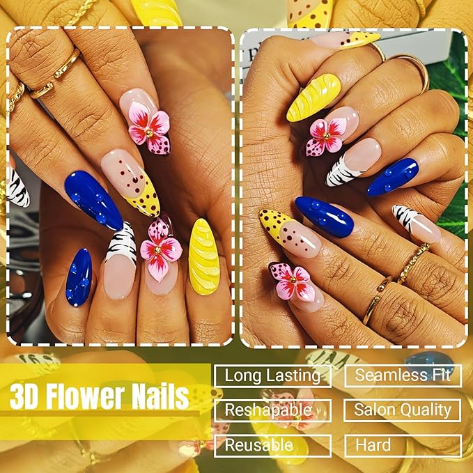 Handmade Acrylic Press On Nails Almond, 3D Press On Nails Medium, Yellow French Tip Nails 3D Flower Bee With Bubble For Women Gift, Reusable Stick On Fake Nails Kit With Nail Glue(Bee's Garden-L)