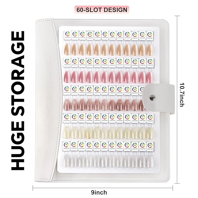 60 Magnetic Nail Swatch Book,Leather Nail Color Display Book with 72 Magnetic Tips & Number Labels,Professional Nail Salon Color Display Book for Easy Preview & Storage White