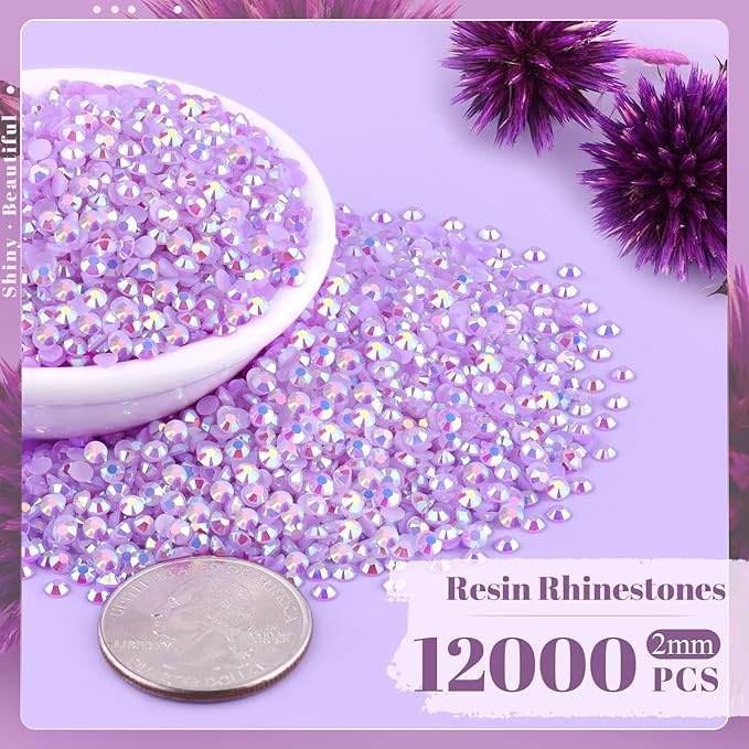 12000PCS 2mm Resin Jelly Rhinestones in Bulk (Lavender Purple AB), Bedazzling Flatback Crystals Rhinestones for Crafting DIY Nail Decoration, Gems Diomand Charms for Tumbler Shoes Clothing Fabric