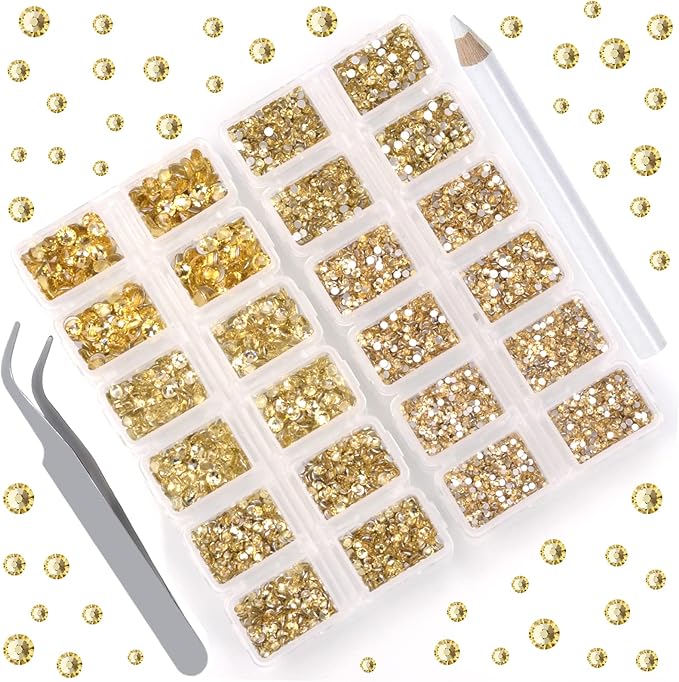 10000 Pieces Rhinestones 6 Sizes Round Crystal Glass Flat Back Rhinestones with 1Tweezers and 1Picking Pen for Nail Art Crafts Clothes Bags DIY (Jonquil)