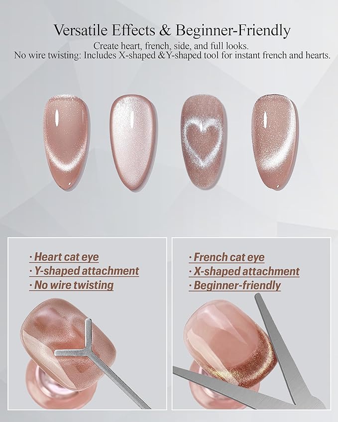 4-Piece Cat Eye Magnet Set with Case, 4-in-1 Magnetic Pen, Heart-Shaped & French-Shaped Magnet for Nail Art, Multi-Effect Magnets for Cat Eye Gel Polish, Home DIY, Wood