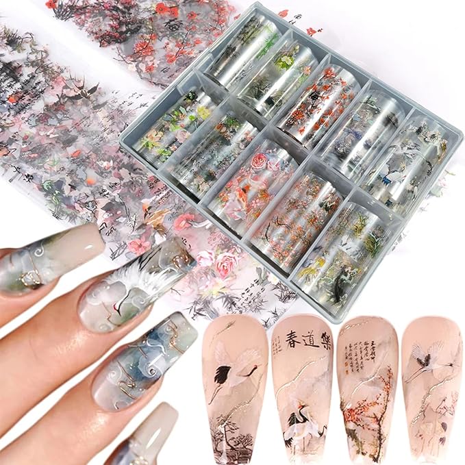 JERCLITY 10 Rolls Chinese Style Nail Foil Transfer Sticker Plum Orchid Bamboo Ink Painting Pattern Nail Art Decals Transfer Stickers Wraps
