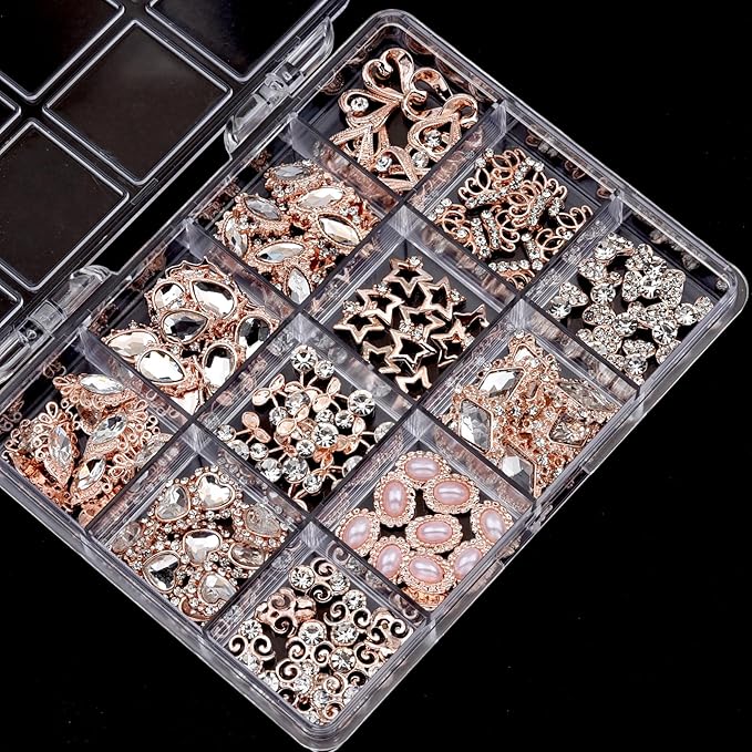 120pcs Rose Gold Nail Rhinestone Charms 3d Heart Gems Alloy Nail Art Jewelry Star Crown Crystal Rhinestone Nail Studs Shining Cherry Stone Jewels for Y2k Women Girl Acrylic Nails Design DIY Crafts Set