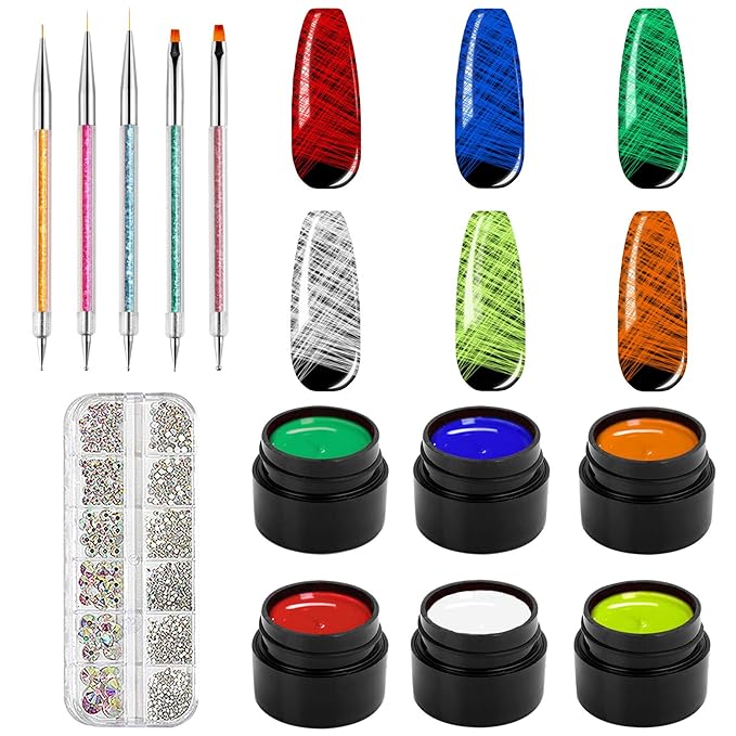 Vtrem 8ML 6 Colors Spider Gel Set with 5 PCs Double Ended Point Drill Drawing Brush Pen + Nail Rhinestones, Matrix Gel with Gel Paint Design Nail Art Kit Wire Drawing Nail Gel for Line