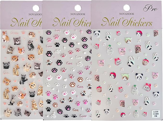 3 Sheets Cat Nail Stickers, Cute Nail Stickers, Cat Nail Decals, Cute Nail Art Stickers, Embossed Cat Claw Nail Stickers, Embossed, Cute Nail Supplies, Nail Art Stickers, DIY Nails