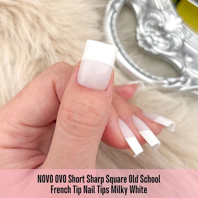 NOVO OVO Short Sharp Square Tip Nail Tips Press on Milky White, Thick Old School Wide White French NEED Builder Gel Top Coat Nail Glue, Soft Gel Full Cover Fake Nail Extension for DIY x 15 Size 240 pc