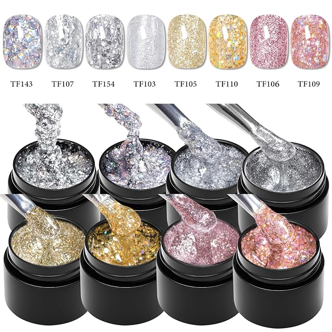 MEET ACROSS 9Pcs Glitter Gel Nail Polish Sliver Broken Gold Pink Flash Gel Polish Kit with Nail Brush, Soak Off UV LED Nail Art Salon & DIY Manicure at Home 8 Colors