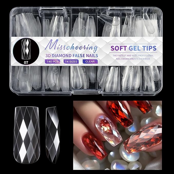 3D Diamond Shaped Polygel Nail, Extension Clear Full Cover False Nail Tips, Hybrid Gel Acrylic Nail, Diamond Fake Nails, 14 Sizes Building Artificial Press on Nail (style 7, 140pcs)
