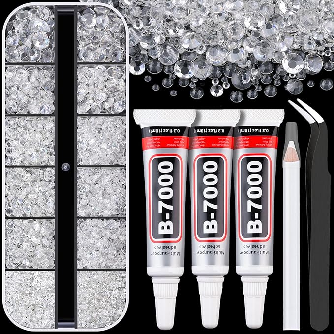 Resin Rhinestones for Crafting with B7000 Jewelry Glue, 1 Box Transparent Flatback Crystals with 3Pcs 10ml Glue for Bedazzling Crafts DIY Nail Art Makeup，Non Hotfix Gems for Clothing Shoes