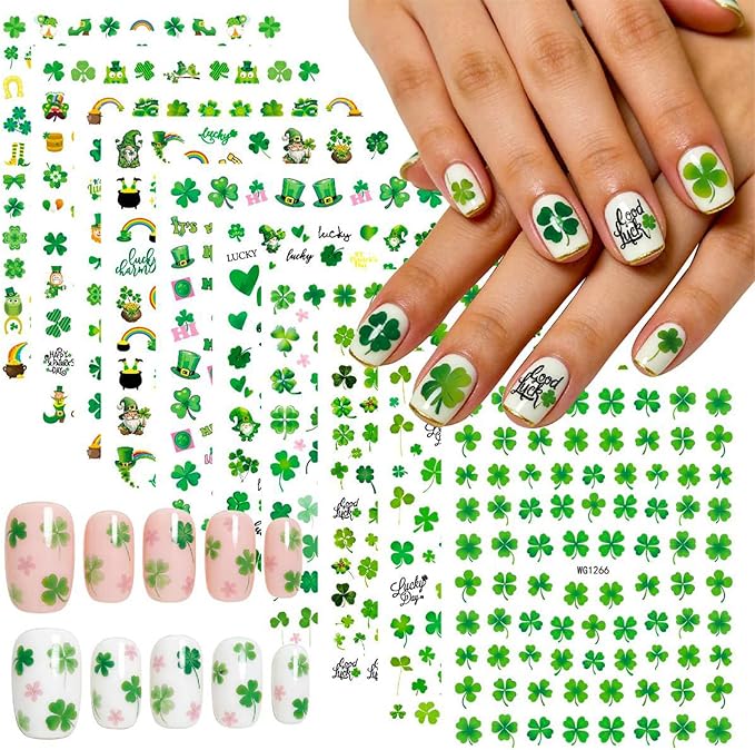 St Patricks Day Shamrock Nail Art Stickers Lucky Four-Leaf Clover Nail Decals Charms 3D Self-Adhesive St. Patrick's Day DIY Date Nail Supplies Decorations for Women Girls 10 Sheets