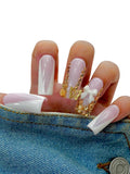 Euphrosyne Ombre Press On Nails – 10pcs Long Coffin Fake Nails in Pink and White with 3D Bow, Butterfly Charms & Rhinestones | Elegant Stick-On Nails for Wedding, Party or Daily Glam Look